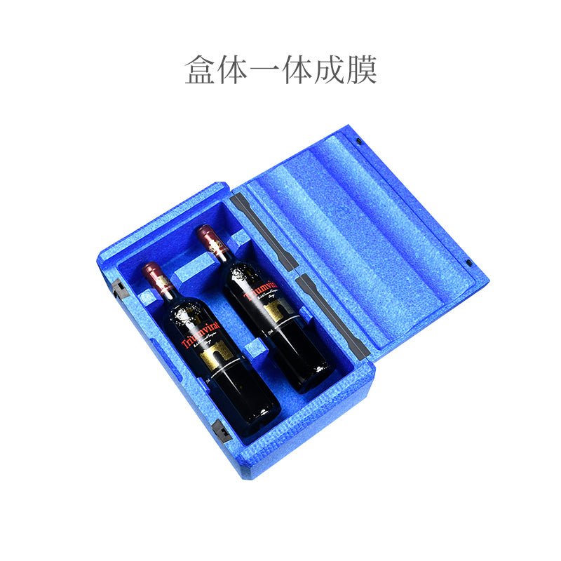 Two bottles in a blue foam-lined box with text above it.