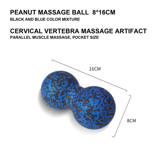 Blue and black peanut massage ball with dimensions on a white background