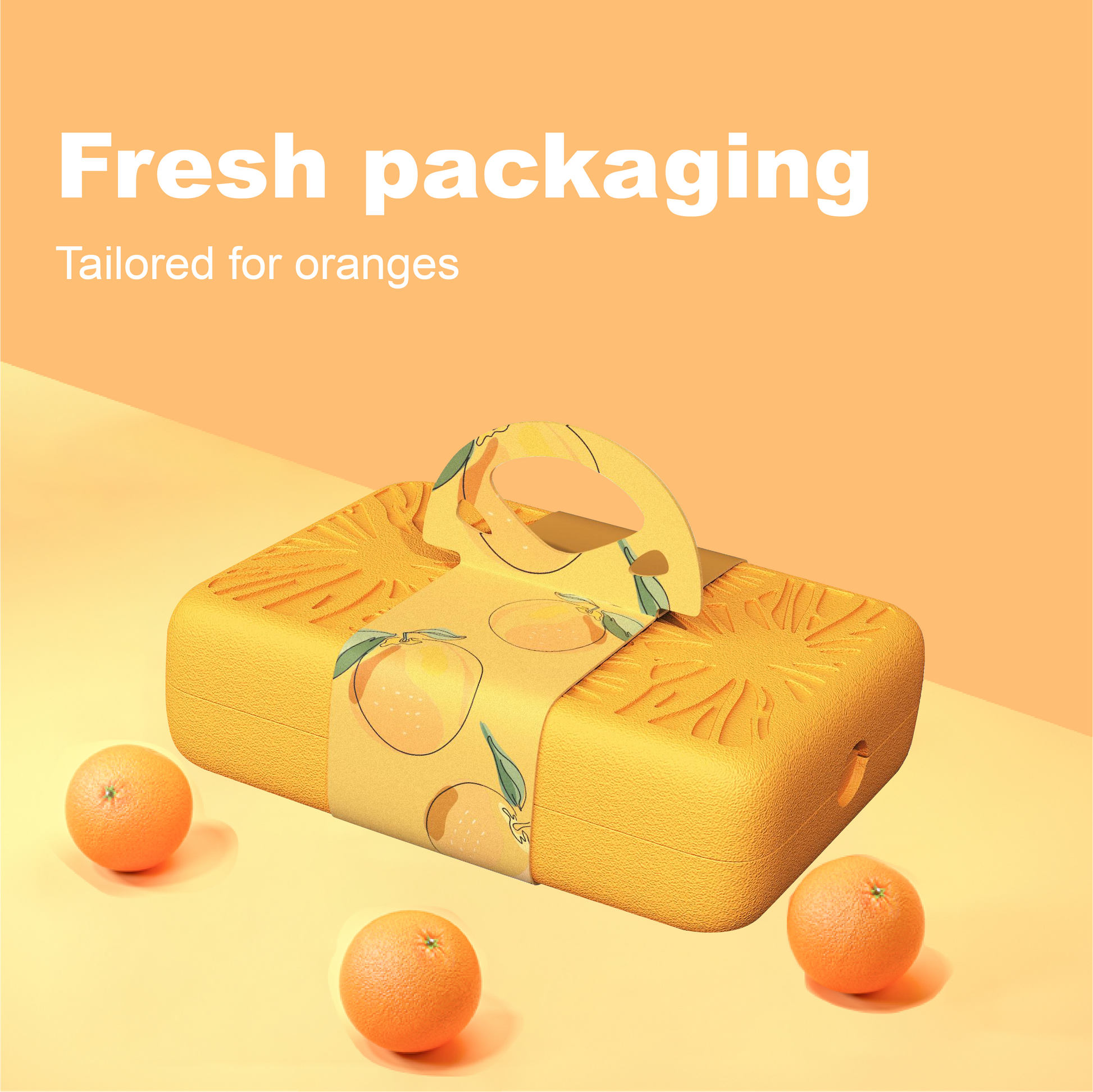 Yellow packaging box with orange design and text 'Fresh packaging Tailored for oranges' on a peach background
