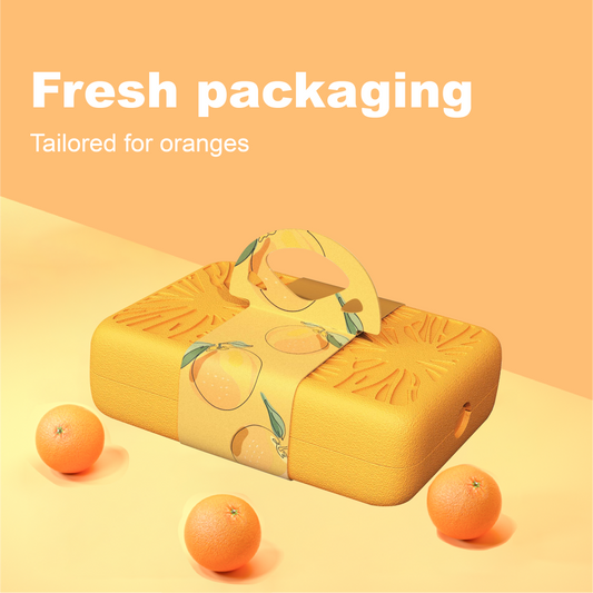 Yellow packaging box with orange design and text 'Fresh packaging Tailored for oranges' on a peach background